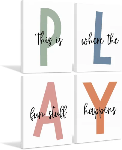 Vista 8 de Arte de pared para sala de juegos para niños, decoración de pared para habitación de niños, impresión en lienzo para sala de juegos para bebés