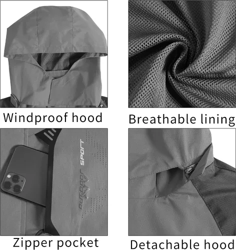 Vista 4 de TEZO Chaqueta impermeable para hombre, con capucha, rompevientos ligera