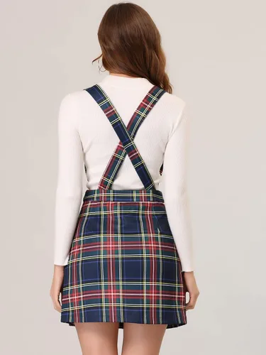 Vista 4 de Allegra K Vestido de mujer a cuadros con cuello en V, falda con tirantes