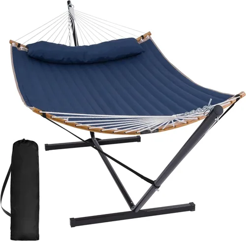 Vista 10 de SUNCREAT Hamaca doble con soporte incluido, hamaca portátil con soporte y almohada grande, rayas azules