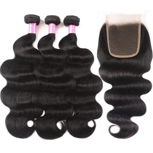 Vista 2 de Paquetes de Ondas Corporales con Cierre para Mujeres Negras (10 12 14+10) 100% Cabello Humano Brasileño de Ondas Corporales Sin Procesar 3 Paquetes