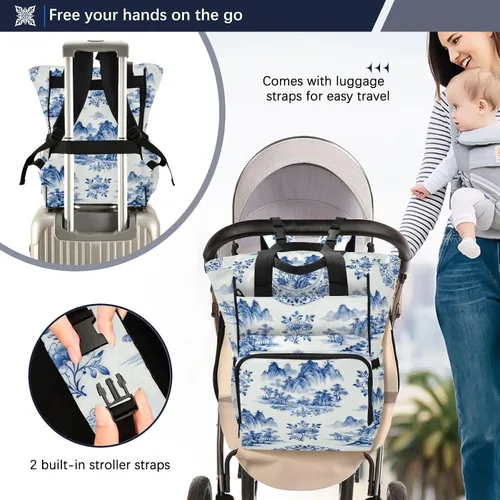 Vista 4 de Mochila para pañales azul y blanco, multifunción con bolsillos aislados para botellas, bolsa de bebé de viaje de nailon impermeable con correas