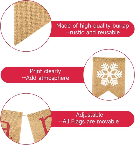Vista 3 de GCQQ Bandera de Feliz Día Festivo - Banderas de Navidad de Burlap Pre-hiladas, Bandera Roja de Feliz Día Festivo para Interior con Copo de Nieve