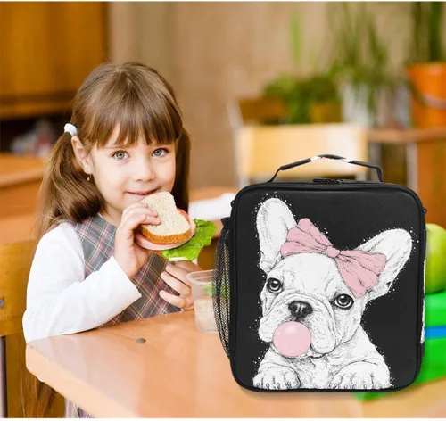 Vista 6 de Lonchera con aislamiento térmico de bulldog francés, bolsas de almuerzo para mujer afroamericana, contenedores organizadores para picnic, escuela