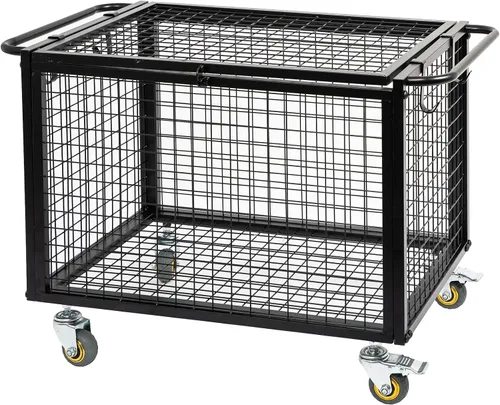 Vista 4 de Carrito de baloncesto de metal con ruedas de almacenamiento de equipo deportivo, jaula con cerradura atlética negra mate con mango elevado