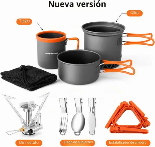Vista 3 de Odoland Juego de ollas de camping con intercambiador de calor, juego de cocina con estufa de camping portátil, kit de comida de camping, incluye