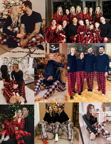 Vista 5 de SWOMOG Conjunto de pijama a juego para hombres, mujeres y niños, para familia, parejas, ropa de dormir de manga larga, pantalones a rayas a cuadros