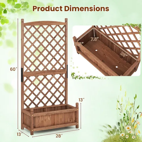 Vista 4 de Giantex Cama de jardín elevada con enrejado, contenedor de madera de 60 pulgadas con agujeros de drenaje, enrejado alto para colgar macetas