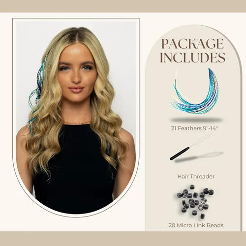 Vista 2 de 21 extensiones de cabello de color azul, kit de gallo de 9 a 14 pulgadas de largo, con 20 cuentas de microenlace, plumas 100% reales, estilo bohemio