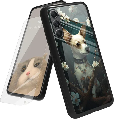 Vista 65 de Funda para Samsung Galaxy A12 5G con protector de pantalla, parte trasera de vidrio templado + TPU de silicona suave que absorbe los golpes
