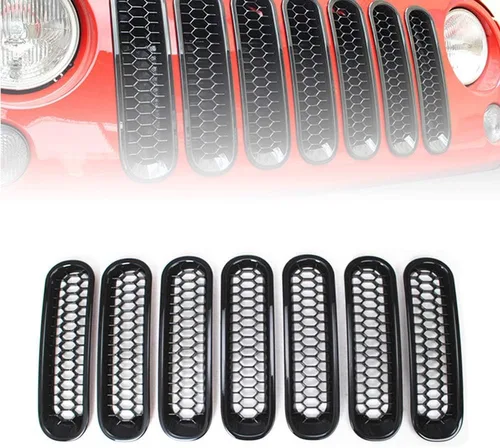 Vista 5 de Kit de 7 piezas de rejilla frontal con clip para rejilla frontal compatible con Wrangler Rubicon Sahara JK 2007-2017 (plata)
