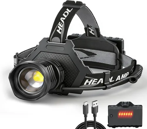 Vista 8 de Linterna de cabeza LED recargable Bud K, linterna de cabeza superbrillante mejorada de 30W, 1000 lúmenes altos con 6 modos, zoom, linterna de cabeza