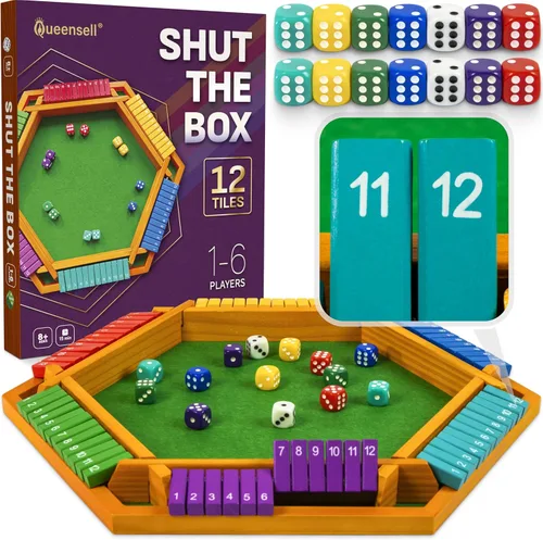 Vista 10 de Shut The Box Game Tablero de madera para 4 jugadores, juego de 14 pulgadas, 12 números para adultos y niños, ideal para noche