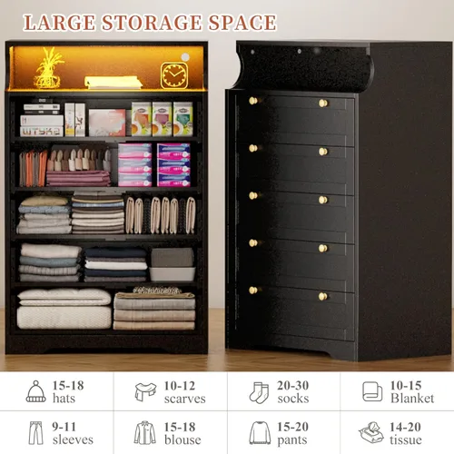 Vista 4 de EnHomee Black Dresser with 5 Drawers for Bedroom,Tall Dresser with LED Lights and 2 Shelves,Dressers & Chests of Drawers for Hallway,Entryway,Black