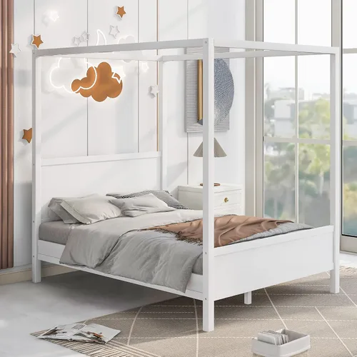 Vista 11 de VilroCaz Cama moderna de plataforma con dosel de tamaño Queen con cabecera capitoné de canal de tapicería, base de cama de metal con 4 carteles