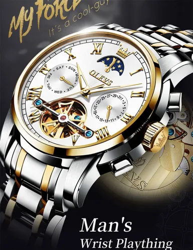 Vista 7 de OLEVS Relojes automáticos de cuerda automática para hombre, fecha y día, calendario, relojes de acero inoxidable, movimiento esquelético