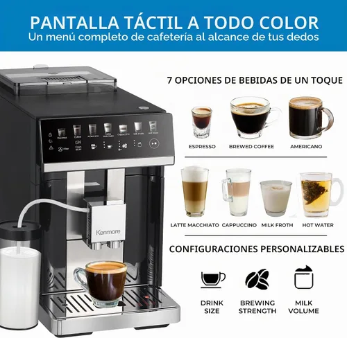 Vista 3 de Kenmore Cafetera Automática Completa - Con Molinillo, Espumador de Leche y Vaporizador, Tamper Automático, Máquina de Espresso Descalcificadora Negro