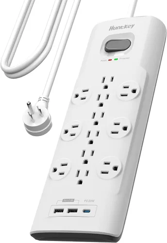 Vista 10 de Huntkey - Regleta protectora de sobretensiones (3480J), 12 salidas con 2 USB A y USB C de 20 W, carga rápida, enchufe plano de 6 pies, cable