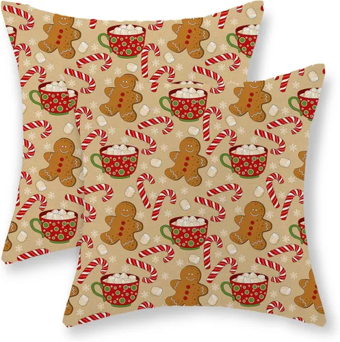 Vista 53 de Juego de 2 fundas de almohada navideñas de 16 x 16 pulgadas, fundas de almohada de lino color rojo con diseño de alces y ciervos de invierno
