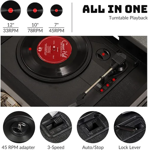 Vista 4 de ORCC Tocadiscos 10 en 1, tocadiscos nostálgicos para discos de vinilo con Bluetooth, 2 altavoces integrados, CD, cassette, radio AM/FM, USB, ranura