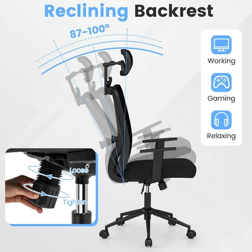 Vista 5 de COSTWAY Silla de oficina de malla, sillas ergonómicas de escritorio para computadora con reposacabezas 3D, reposabrazos ajustables y soporte lumbar