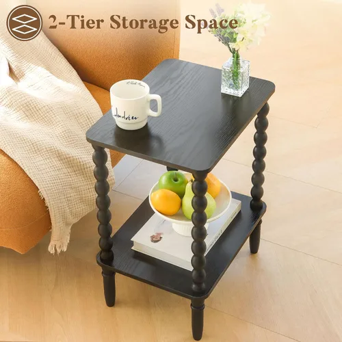Vista 5 de Fultyle Mesa auxiliar negra, mesa auxiliar pequeña con estante de 2 niveles, mesita de noche vintage con almacenamiento para dormitorio, sala