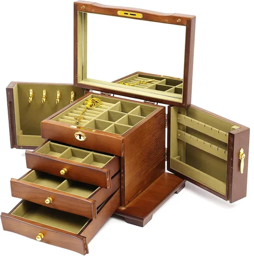 Vista 4 de Eapmic Joyero de madera extra grande de 4 capas, joyero de armario, anillo, collar, caja de almacenamiento de regalo (4 capas, marrón)