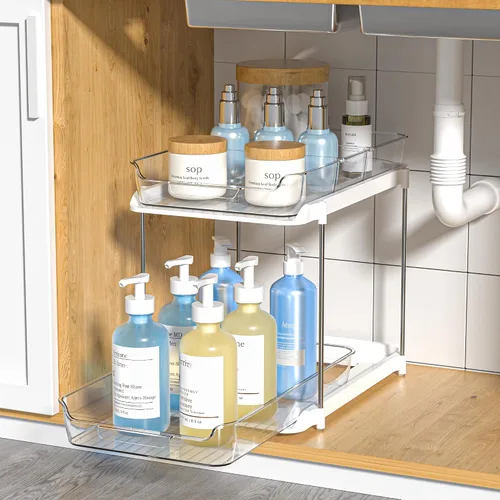 Vista 16 de Delamu Organizadores y Almacenamiento Multiusos de 2 Niveles para Debajo del Fregadero del Baño, Organización Apilable de Despensa de Cocina