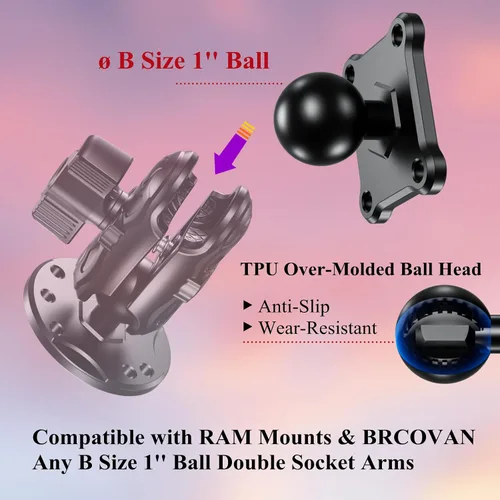Vista 4 de BRCOVAN Base de montaje de bola de 1 pulgada con placa cuadrada AMPS de aleación de aluminio de 4 agujeros, compatible con soportes RAM tamaño B