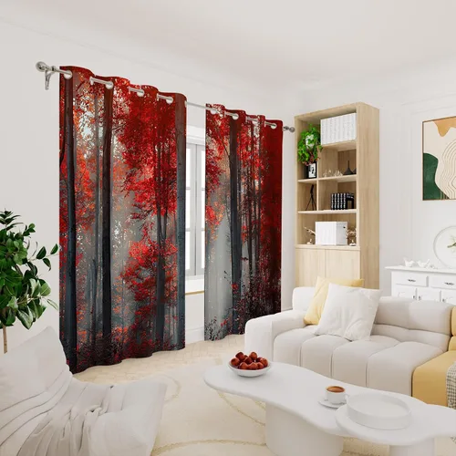 Vista 3 de Renaiss Cortinas opacas de bosque rojo, diseño de bosque negro brumoso, hojas rojas, cortinas de dormitorio de naturaleza misteriosa para cocina, 45