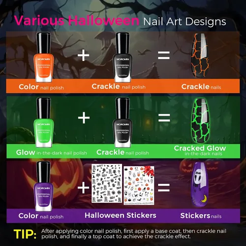 Vista 5 de Morovan - Juego de esmaltes de uñas de Halloween: negro, calabaza, naranja, brillante en la oscuridad, kit de esmalte de uñas verde neón con Paleta