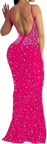 Vista 2 de Aro Lora Vestido largo sexy para mujer con diamantes de imitación transparentes de malla transparente