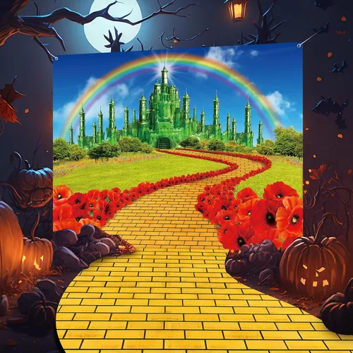 Vista 5 de Paquete de 4 Fondos de Camino de Ladrillos Amarillos y Castillo Esmeralda para Decoraciones de Fiesta de Mago, Camino de Piedras de Ladrillo