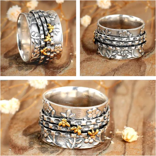 Vista 5 de Boho-Magic Anillo giratorio de abeja para mujer, plata de ley 925 y latón con flores