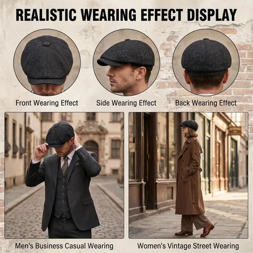 Vista 6 de Mens Classic Wool Blend 8 Panel Newsboy Flat Cap Vintage Herringbone Tweed Hat Cabbie Cap Conducción Caza Cap (negro)