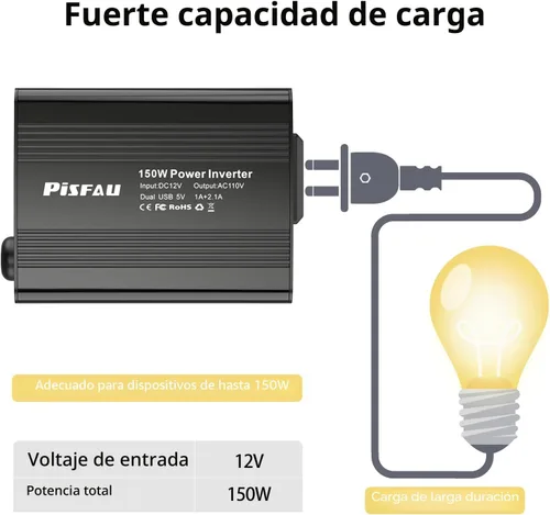 Vista 5 de Inversor de corriente de 150 W 12 V CC a 110 V AC adaptador de enchufe de coche convertidor de salida con cargador de coche de CA dual USB 3.1A