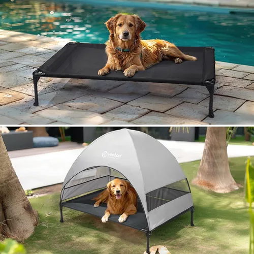 Vista 6 de Cama para Perros al Aire Libre Veehoo con Toldo, Catre Elevado Refrescante para Mascotas con Sombra Removible, Patas Antideslizantes, Catre Elevado