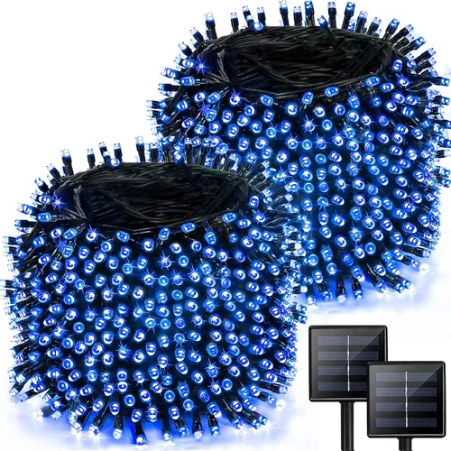 Vista 19 de Paquete de 2 tiras de luces solares de 480 LED para exteriores, luces solares súper largas de Navidad de 170 pies para exteriores con 8 modos