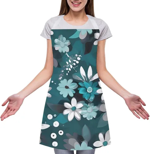 Vista 3 de MUSM Teal Grey And White Floral Apron，Classic Vintage Funny with Pockets Aprons,Adjustable Bib Waterdrop Resistant for Kitchen Cooking Restaurant