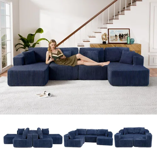 Vista 16 de Sofá cama modular en forma de U de 141.73 pulgadas, sofá de pana modular 6 en 1 con sensación suave como una nube, bolsa de almacenamiento