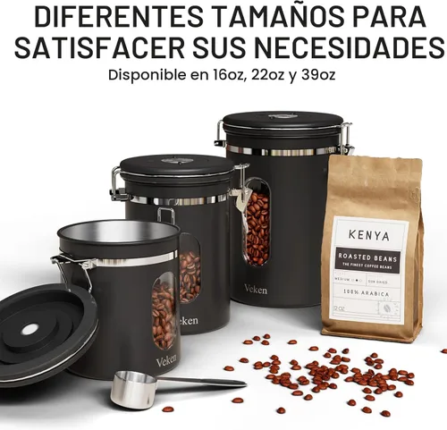 Vista 7 de Veken Recipiente de café con ventana, recipiente hermético de almacenamiento de alimentos de cocina de acero inoxidable con tapas, rastreador