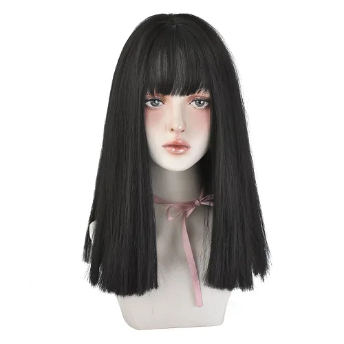 Vista 11 de Peluca de Cabello Largo Negro Liso con Flequillo Sintética de Alta Densidad Peluca de Cabello Largo para Mujeres (negro)