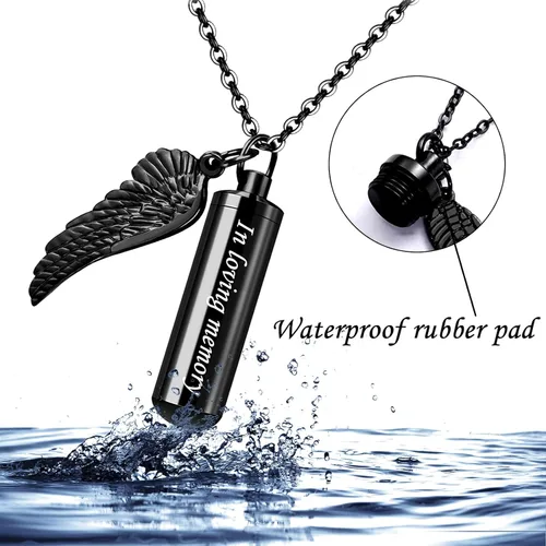 Vista 3 de weikui Paquete de 3 collares de urna cilíndrica para cenizas, colgante de recuerdo conmemorativo con dije de ala de ángel, acero inoxidable