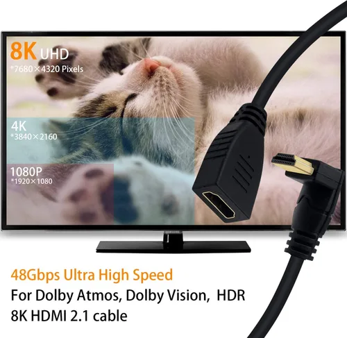 Vista 4 de Poyiccot Cable de extensión HDMI 8K de 2 pies, 48 Gbps 90 grados de ángulo descendente macho a hembra HDMI 2.1 Cable compatible con alta velocidad
