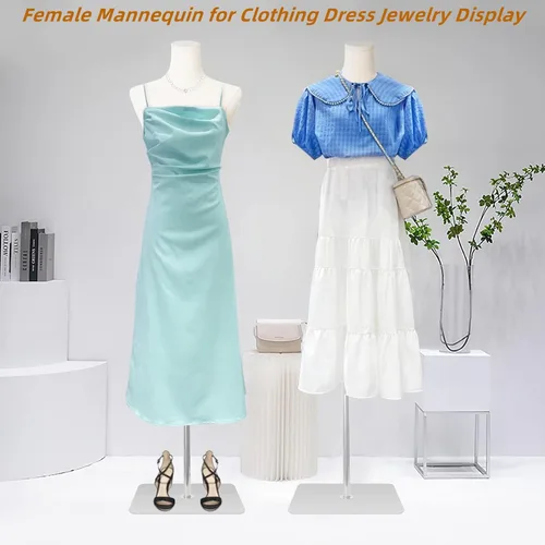 Vista 6 de Maniquí femenino con cuerpo de maniquí con soporte de metal plateado desmontable para ropa, vestido y joyería, altura ajustable de 50 a 70 pulgadas