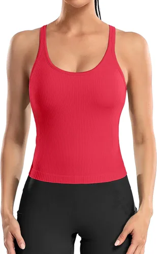 Vista 56 de ATTRACO Camiseta corta acanalada de entrenamiento para mujer con brasier integrado para yoga, espalda cruzada, ajuste ajustado