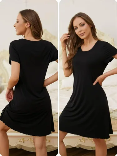 Vista 3 de Camisón de manga corta para mujer, con cuello redondo, con volantes, cómodo camisón