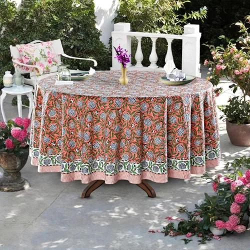 Vista 2 de Ridhi Mantel redondo con estampado de bloque a mano, 100% algodón, reutilizable, salmón oscuro, 90 pulgadas, mantel decorativo para uso diario