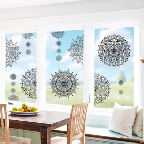 Vista 6 de Kazova Calcomanía de pared de mandala grande, murales artísticos negros para despegar y pegar, calcomanías de mandala boho para dormitorio, sala