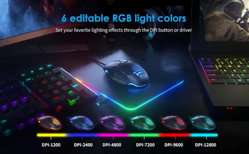 Vista 3 de C309 - Mouse para juegos con cable, mouse RGB para juegos con botones laterales, ajustable de alta precisión 12800 DPI, pesos ajustables, 6 botones